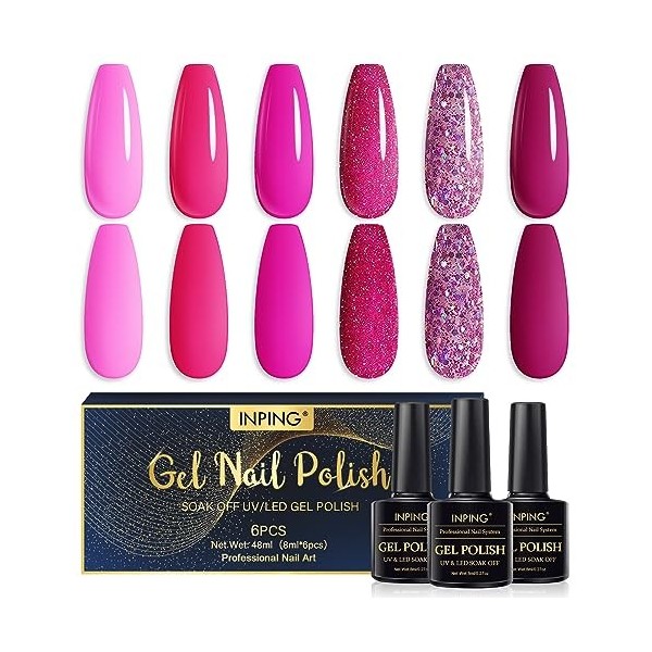 INPING Vernis Semi Permanent Fuchsia,6 Couleurs Fluo Rose Foncé Rose Pailleté Vernis Gel UV Semi Permanent,Soak Off UV/LED Ve