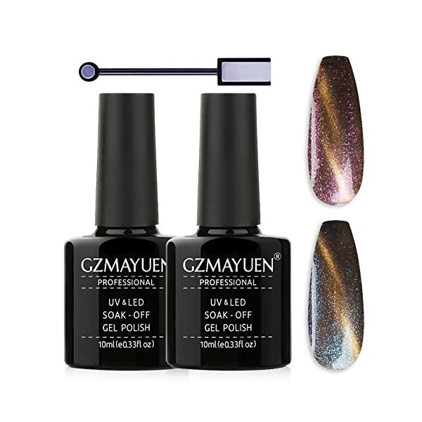 GZMAYUEN Vernis Cat Eyes Semi Permanent 5D Vernis Magnetique Aimant Cat Eyes Vernis Gel Vernis à Ongles Cateyes 2Pcs Noir Ong