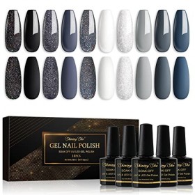 Shining She Vernis Semi Permanent, 10 Couleurs Gris Noir Blanc Paillettes Vernis à Ongles Gel Soak Off UV/LED Semi-permanent 