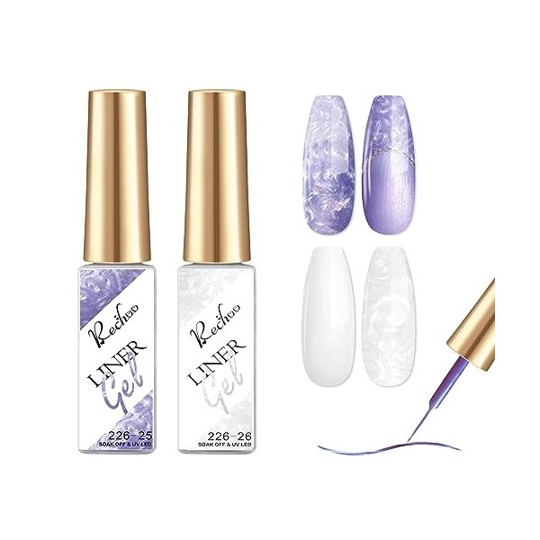 Rechoo Lot de 2 vernis à ongles gel à paillettes blanches et violettes - 10 ml - Pour nail art, manucure française - Shellac 