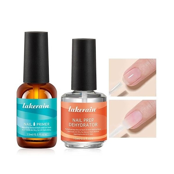 Lot de 2 apprêts pour vernis à ongles en gel - Déshydrateur et apprêt naturel sans acide - 15 ml - Séchage à lair libre - Po