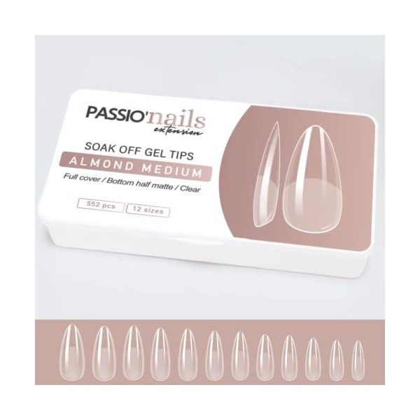 Passionails pose américaine ongles capsules Amande Short, Transparent boite 552 pcs 12 tailles, pour prothésiste ongulaire