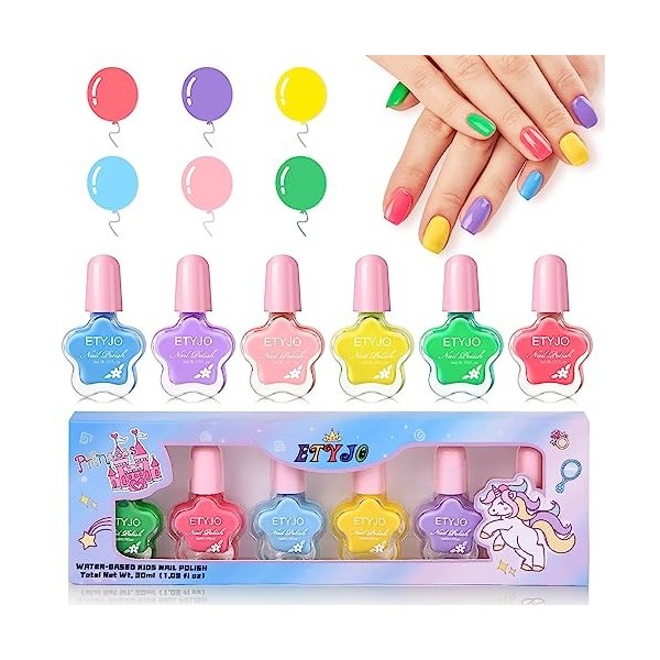 Kit Vernis à Ongles Enfants à Base D'eau - 6 Couleurs + Autocollants Lumineux - Non Toxique, Pelable - Dès 3 Ans