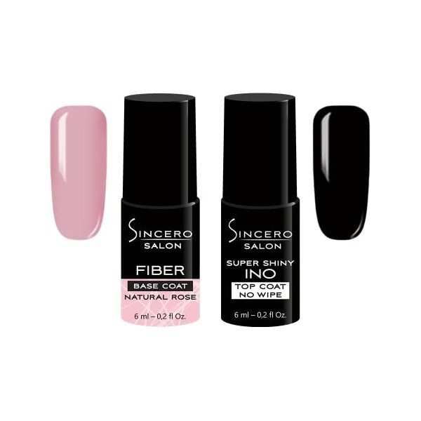 Sincero Salon- Fiber Base Coat Vernis Semi Permanent Natural Rose et Top Coat Semi Permanent Shiny INO - Vernis à Ongles Semi