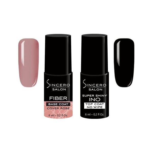 Sincero Salon- Fiber Base Coat Vernis Semi Permanent Natural Rose et Top Coat Semi Permanent Shiny INO - Vernis à Ongles Semi