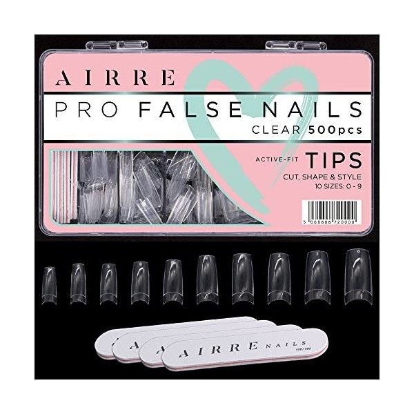 AIRRE 500 Capsule Ongles Acrylique Pro + 4 Limes avec Boîte - Faux Ongles Carrés French 10 tailles pour Salons et DIY, Coup