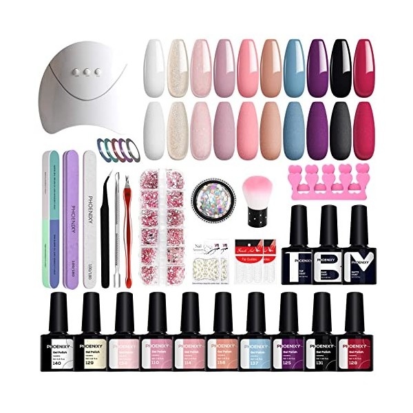 Phoenixy Kit ongles semi-permanents 10 couleurs Vernis semi-permanent Kit ongles gel avec 36 W U V/LED Lampe mate et Base Top