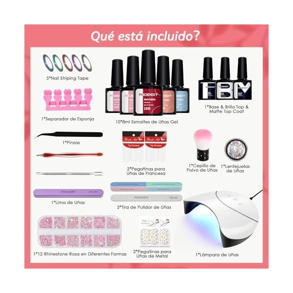 Phoenixy Kit ongles semi-permanents 10 couleurs Vernis semi-permanent Kit ongles gel avec 36 W U V/LED Lampe mate et Base Top