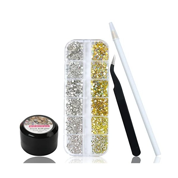 Lot de 1500 strass pour ongles – Cristaux pour ongles à dos plat en 6 tailles – Kit de strass pour nail art avec colle à ongl