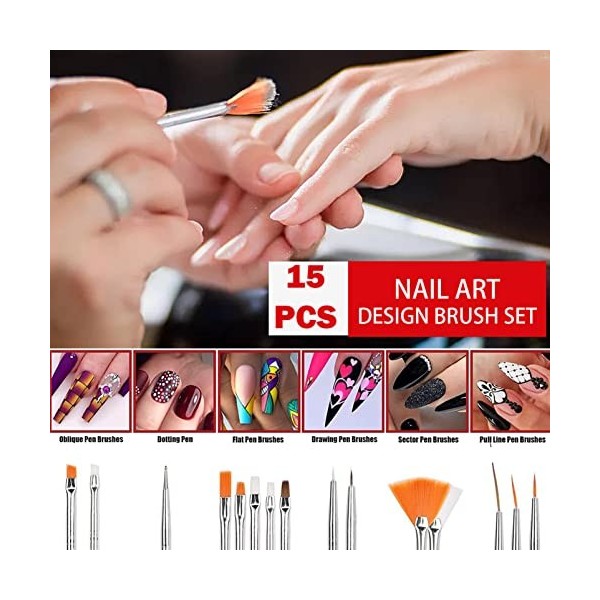 Set de 15 pinceaux pour ongles - Brosse Pinceau Ongle Decor Liner Acrylique  Manucure - Rouge