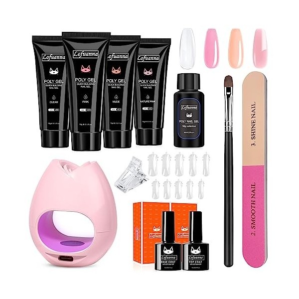 Poly Nail Kit avec Lamp Builder Poly Gel Nail Kit 4 couleurs 15ml Poly Nail Extension Kit avec Mini UV Nail Lamp Slip Solutio