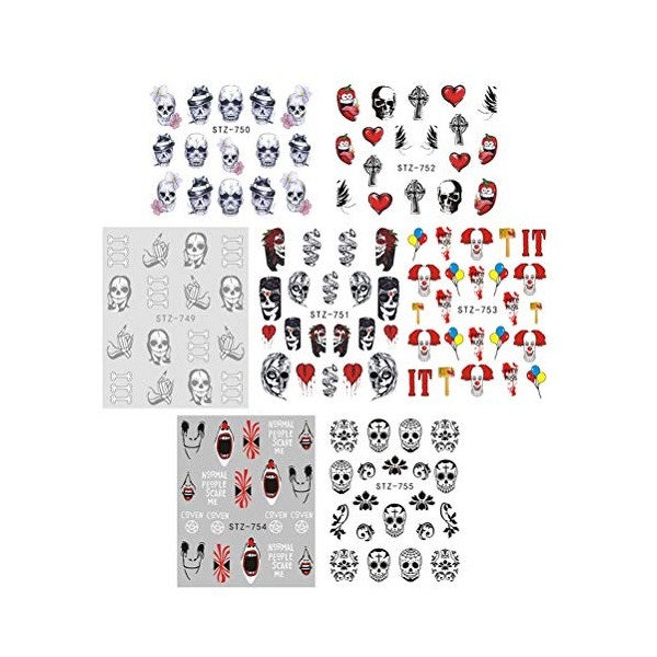 Lot de 50 feuilles de stickers pour ongles Motif tête de mort Halloween
