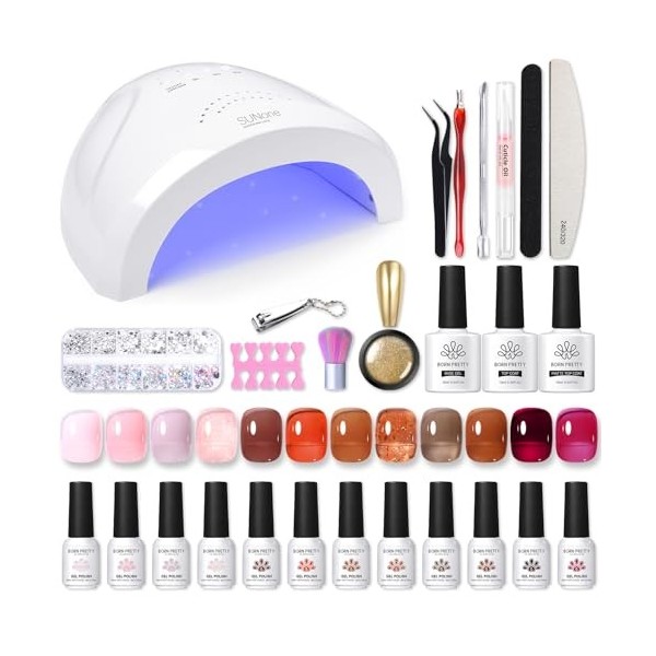 Kit Ongle Gel UV Complet 28PCS, Verni Semi Permanent 48W Lampe UV/LED Transparent 12Couleurs 3 Base et Top Coat, Automne Hive