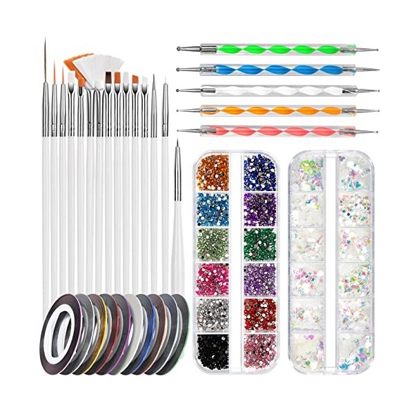 FANDAMEI Kit de démarrage pour ongles avec strass pour ongles – 15 stylos à ongles + 5 outils de pointillage + 10 rubans adhé