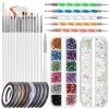 FANDAMEI Kit de démarrage pour ongles avec strass pour ongles – 15 stylos à ongles + 5 outils de pointillage + 10 rubans adhé