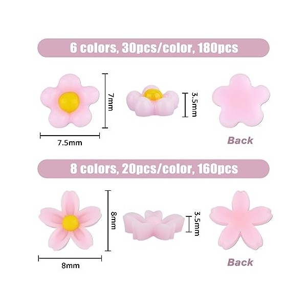 SUPERFINDINGS 340 Pcs 14 Styles Résine Fleur Cabochons Flatback Cabochons Fleur Perles pour Nail Art Accessoires Téléphone Ca