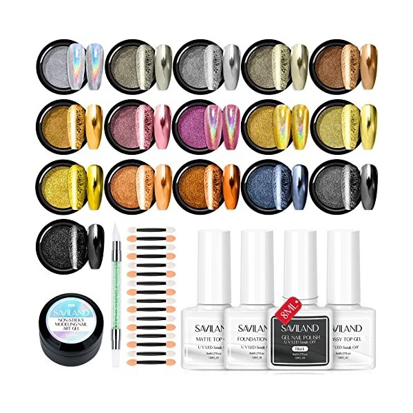 Saviland Kit de Poudre Chrome Ongle complet, 16 couleur Poudre de Effet Miroir Metallic avec Gel 3D Construction et Pinceaux 