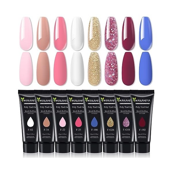 Lot de 8 vernis à ongles en poly gel, blanc, rose, marron, kit dauto-extension rapide pour faire des extensions dongles, ge