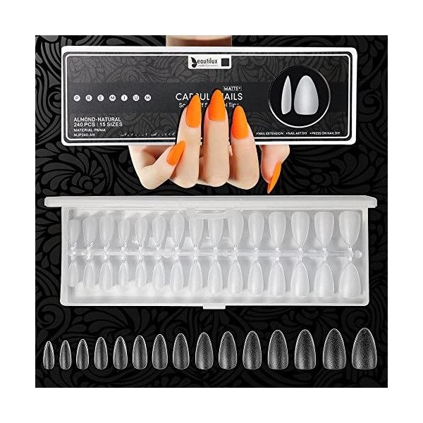 Beautilux 240pcs Faux Ongles Court Amande 15 Tailles Couverture ComplèTe Pré-poncé Mat Tough Capsules Américaines Manucure Fr