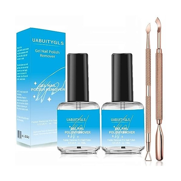 Dissolvant de vernis à ongles en gel, dissolvant de vernis à ongles en gel de 15 ml avec 2 poussoirs à cuticules, dissolvant 