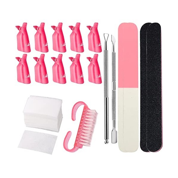 VEGCOO Kit doutils pour enlever le vernis à ongles gel, 10 pinces à ongles, 200 tampons en coton, 2 repousse-cuticules et un