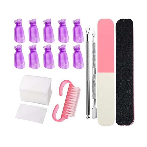 VEGCOO Kit doutils pour enlever le vernis à ongles gel, 10 pinces à ongles, 200 tampons en coton, 2 repousse-cuticules et un