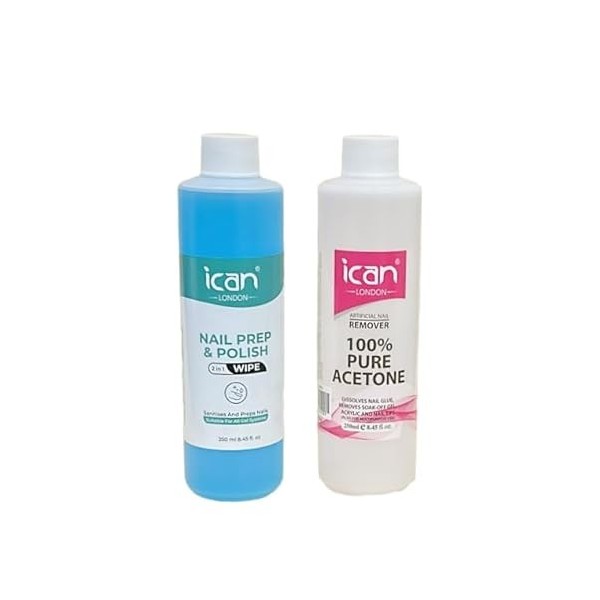 ican London Lot de 2 lingettes de préparation pour vernis à ongles gel 250 ml + dissolvant pour vernis à ongles à lacétone p