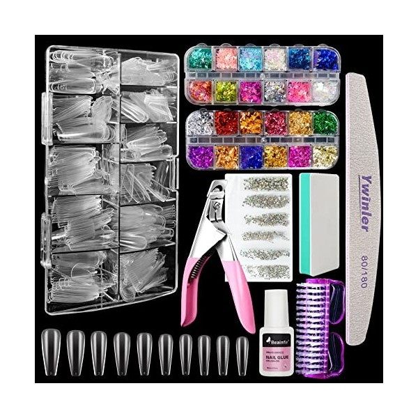 Beainfir Acrylique Kit Faux Ongles, 500 PCS Clair capsules ongles Conseils, Ongles Paillettes Papillon, Nail Foil Puce, Ongle