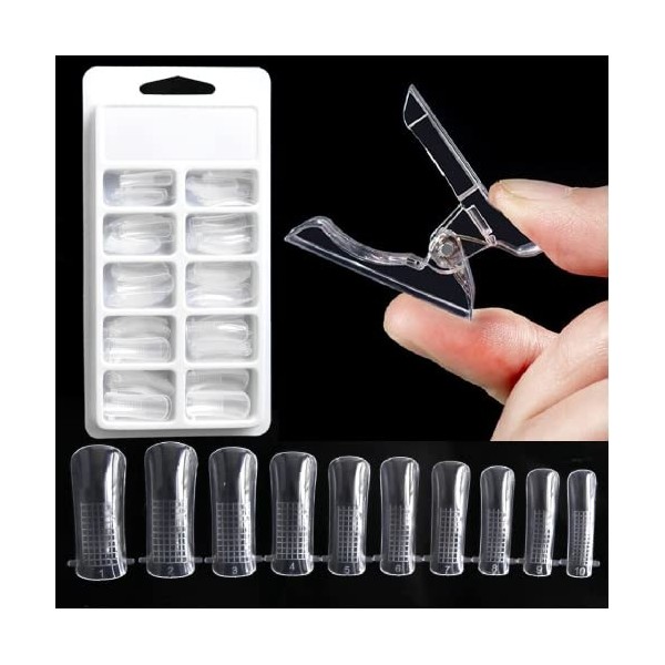 Lot de 100 formes à ongles doubles + 10 pinces transparentes pointes complètes pour une construction rapide du polygel INNA