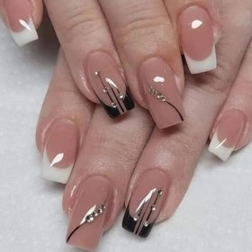 SINLOV Lot de 24 faux ongles carrés rose nude longs à presser sur les ongles français en cristal brillant à paillettes pour f