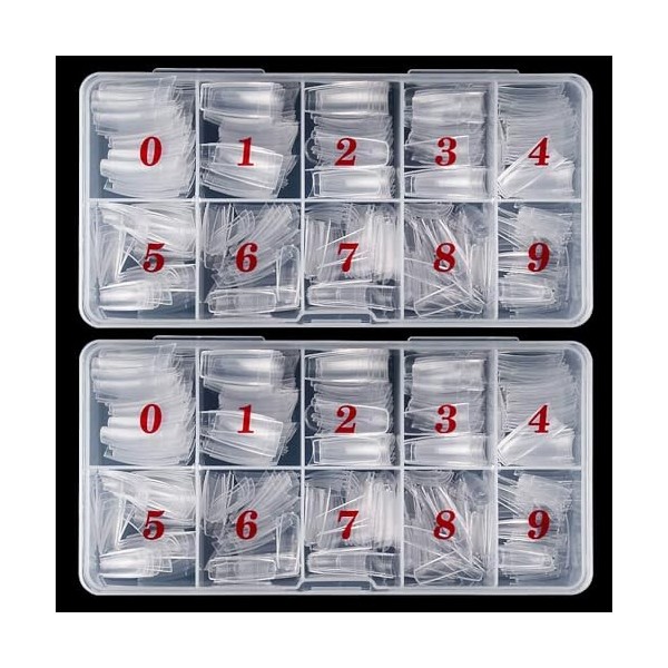 Lot de 1000 faux ongles en acrylique transparent de style français - 10 tailles - Couverture complète - Faux ongles artificie