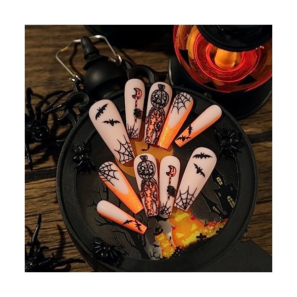 Brishow Faux ongles Halloween décoration citrouille pressé on ongles Araignées Ballerina acrylique long faux ongles 24 pièces