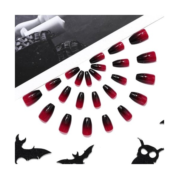 Brishow Faux ongles Halloween décoration Noir Rouge pressé on ongles Ballerina acrylique faux ongles 24 pièces femmes et fill