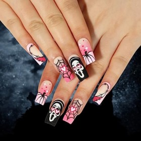Brishow Faux ongles Halloween décoration araignée noir pressé on ongles fantômes Ballerina acrylique rose court faux ongles 2