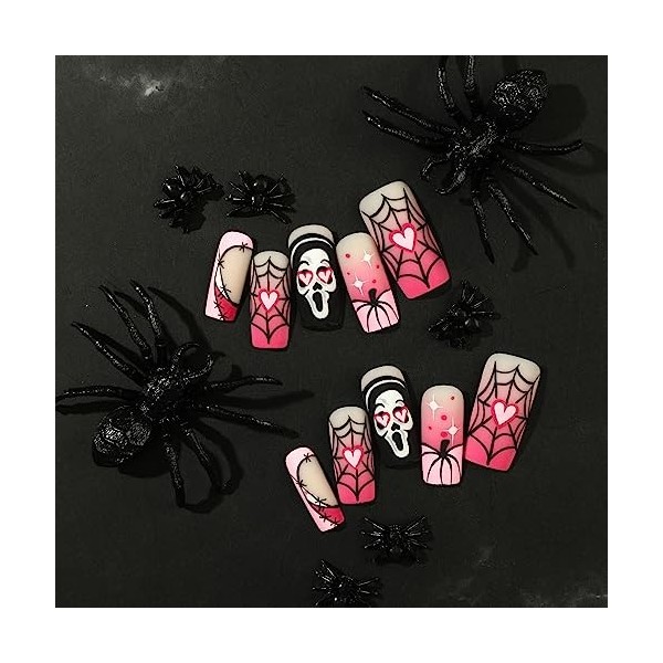Brishow Faux ongles Halloween décoration araignée noir pressé on ongles fantômes Ballerina acrylique rose court faux ongles 2