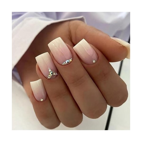 Prosy 24pcs French Medium Square Crystal Press Nails Nude Flower gloss faux ongles Acrylique Art ensemble complet de faux ong