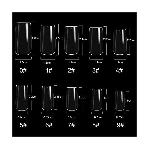 Lot de 500 faux ongles en acrylique - Forme carrée - Couverture complète - 10 tailles - Pour adultes et enfants NT012