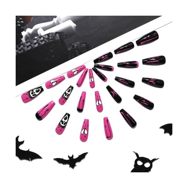 Brishow Faux ongles Halloween décoration fantôme press on nails Ballerina acrylique Rose Black Long faux ongles 24 pièces fem