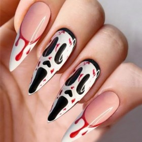 Handcess Lot de 24 faux ongles longs en acrylique brillant pour Halloween - Pour femme et fille