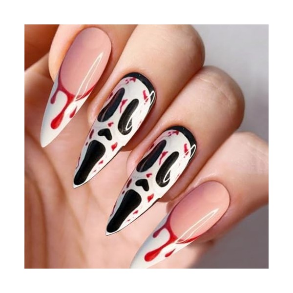 Handcess Lot de 24 faux ongles longs en acrylique brillant pour Halloween - Pour femme et fille
