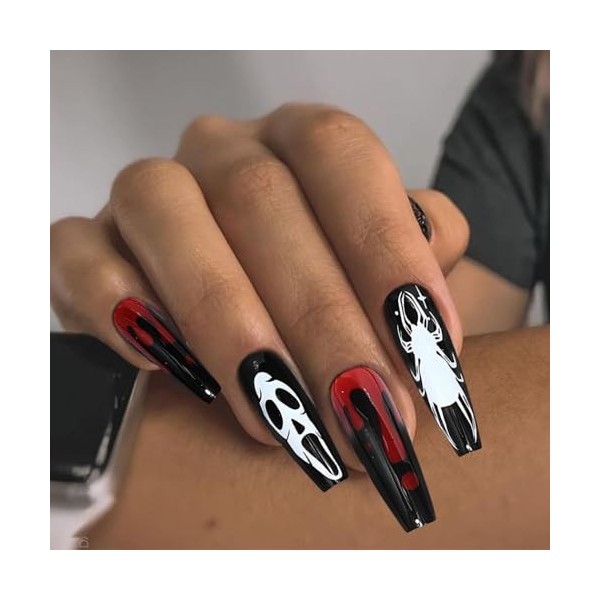 Handcess Lot de 24 faux ongles en acrylique à coller pour Halloween - Noir et rouge - Pour femme et fille