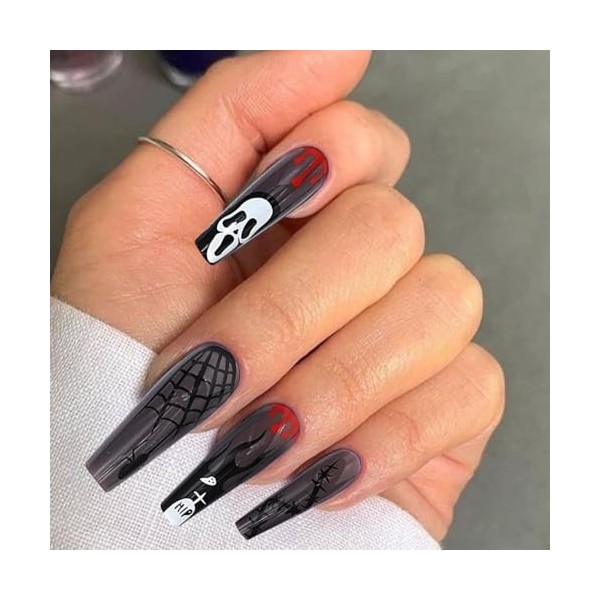 Handcess Lot de 24 faux ongles noirs en forme de cercueil dHalloween en acrylique brillant à coller sur les ongles pour femm