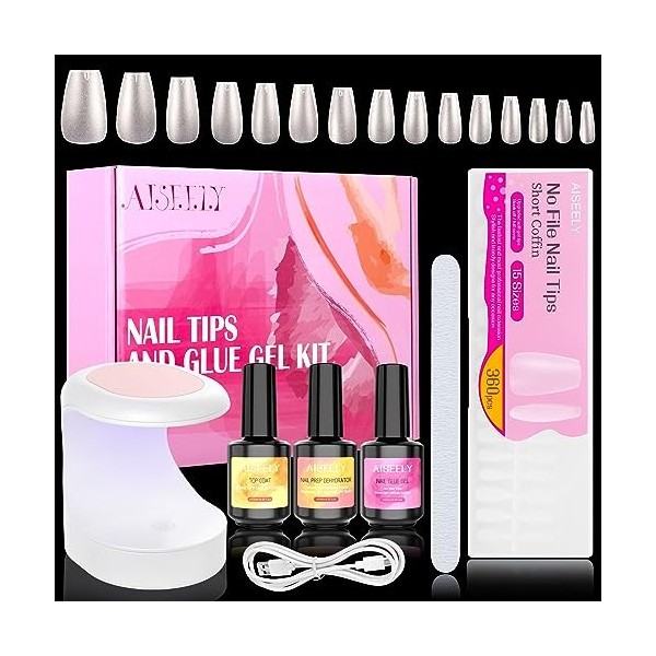 AISEELY Kit Capsule Pose Americaine Ongles, 360 PCS Capsules Ongle Court Amande, Avec Portable Lampe Ongles UV et 4 in1 Colle