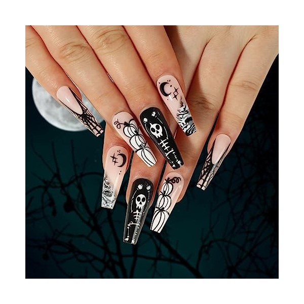 Brishow Faux ongles Halloween décoration araignée noire pressé on ongles fantômes Ballerina acrylique long faux ongles 24 piè