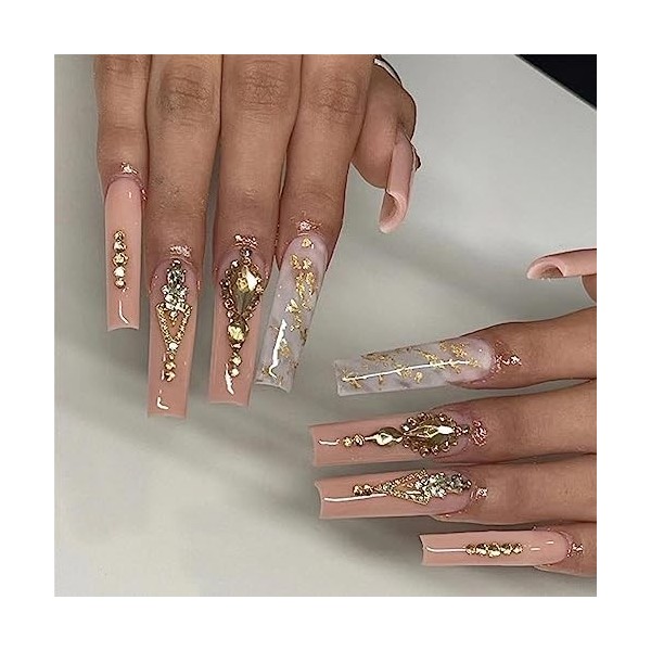 Lot de 24 faux ongles carrés à coller sur les ongles avec strass amovibles à coller pour femmes et filles Faux ongles et caps...