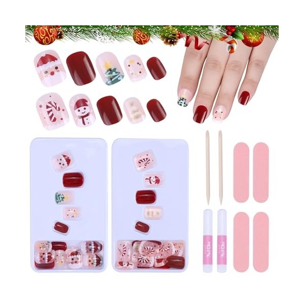 MELLIEX 48 Pièces Faux Ongles Noël Courts, 12 Tailles Artificiels Faux Ongle à Coller Presser Noël Faux Ongles pour Filles Fe