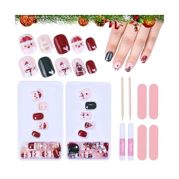 MELLIEX 48 Pièces Faux Ongles Noël Courts, 12 Tailles Artificiels Faux Ongle à Coller Presser Noël Faux Ongles pour Filles Fe