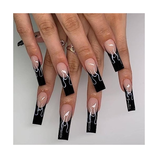 Lot de 24 faux ongles carrés longs blancs adhésifs verts à coller pour femmes et filles