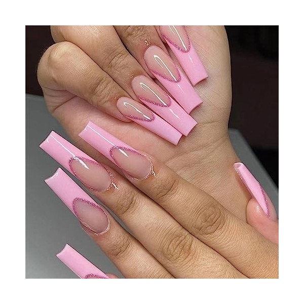 Lot de 24 faux ongles carrés longs blancs adhésifs verts à coller pour femmes et filles