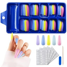 VZXQX Faux Ongles Long, 100 Pièces Faux Ongles French Appuyez sur Faux Ongles avec Autocollants, Ballerine Faux Ongles Coloré